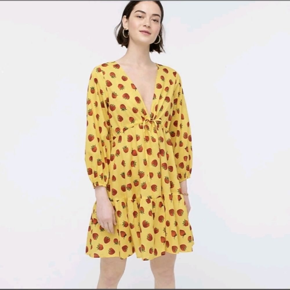 J CREW Edie Parker long sleeve cover-up Mini Dress Strawberries Print Yellow M